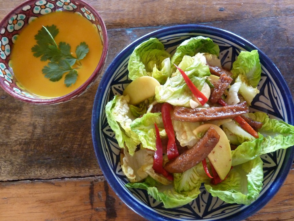Vegetarian chinese chicken salad with ginger carrot soup